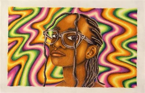  art piece titled "Emergence" of a student with braids wearing glasses